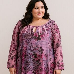 Tattoo Me Womens Top Plus Sz 2X Purple Ombre Floral Sublimation Jeweled USA Made